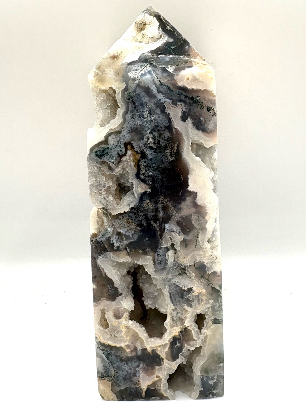Moss Agate Crystal Druzy Pointed Tower 5.6”